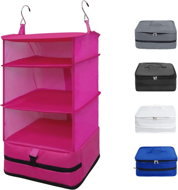 Twira Portable Hanging Travel Shelves - Suitcase Organizer, Packing Cubes, Carry-On Closet Insert, Large Capacity Collapsible 4-Shelf Travel Closet with 2 Hooks (Red)