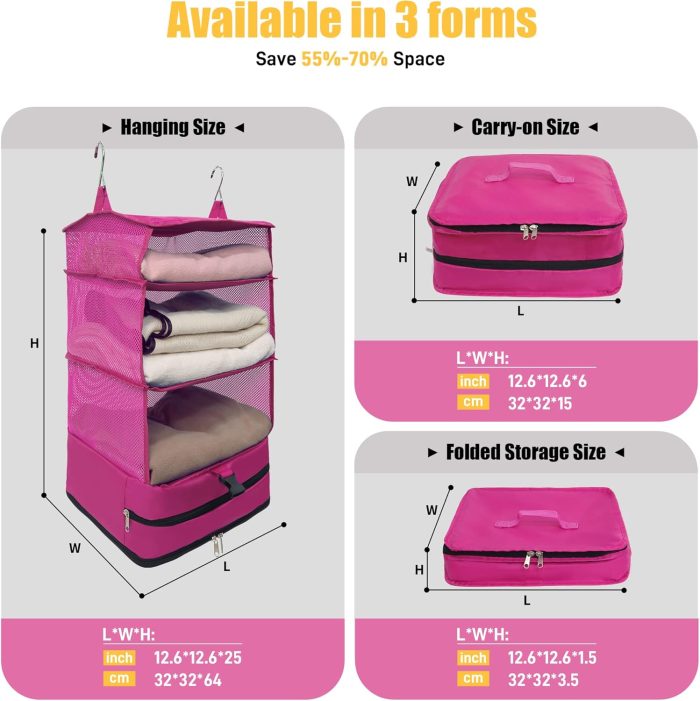 Twira Portable Hanging Travel Shelves - Suitcase Organizer, Packing Cubes, Carry-On Closet Insert, Large Capacity Collapsible 4-Shelf Travel Closet with 2 Hooks (Red) - Image 2