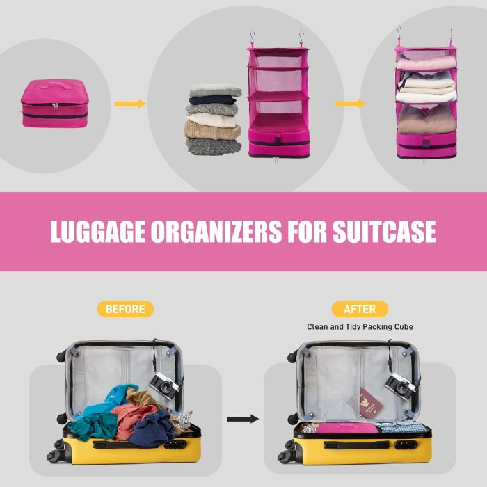 Twira Portable Hanging Travel Shelves - Suitcase Organizer, Packing Cubes, Carry-On Closet Insert, Large Capacity Collapsible 4-Shelf Travel Closet with 2 Hooks (Red) - Image 3
