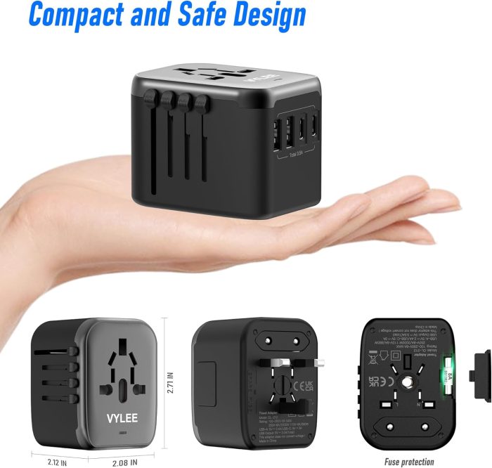 Universal International Power Travel Plug Adapter, 5 in 1 European Travel Plug Adapter W/ 3.5A 2xUSB-A and 2xUSB C Wall Charger and Worldwide AC Outlet for Europe USA UK AUS Asia (Black Grey) - Image 5