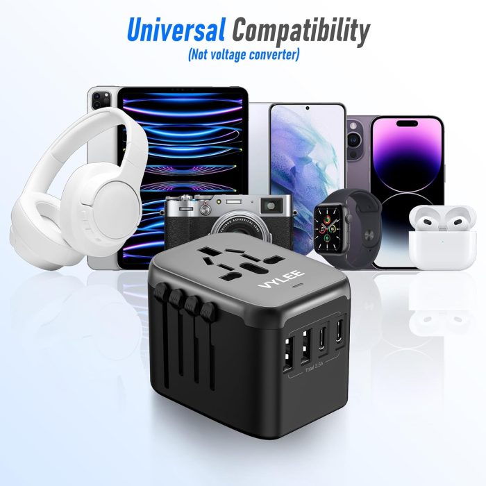 Universal International Power Travel Plug Adapter, 5 in 1 European Travel Plug Adapter W/ 3.5A 2xUSB-A and 2xUSB C Wall Charger and Worldwide AC Outlet for Europe USA UK AUS Asia (Black Grey) - Image 6