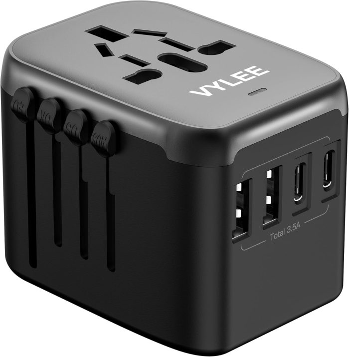 Universal International Power Travel Plug Adapter, 5 in 1 European Travel Plug Adapter W/ 3.5A 2xUSB-A and 2xUSB C Wall Charger and Worldwide AC Outlet for Europe USA UK AUS Asia (Black Grey) - Image 9